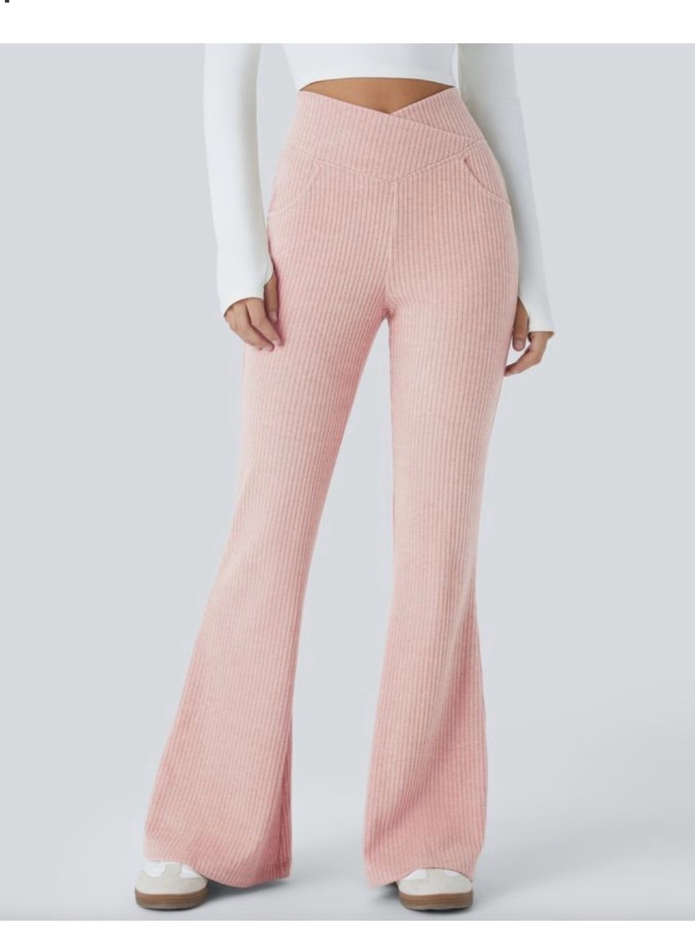 Halara Ribbed Knit Crossover High Waisted XL PINK Pocket Casual Flare Pants NEW